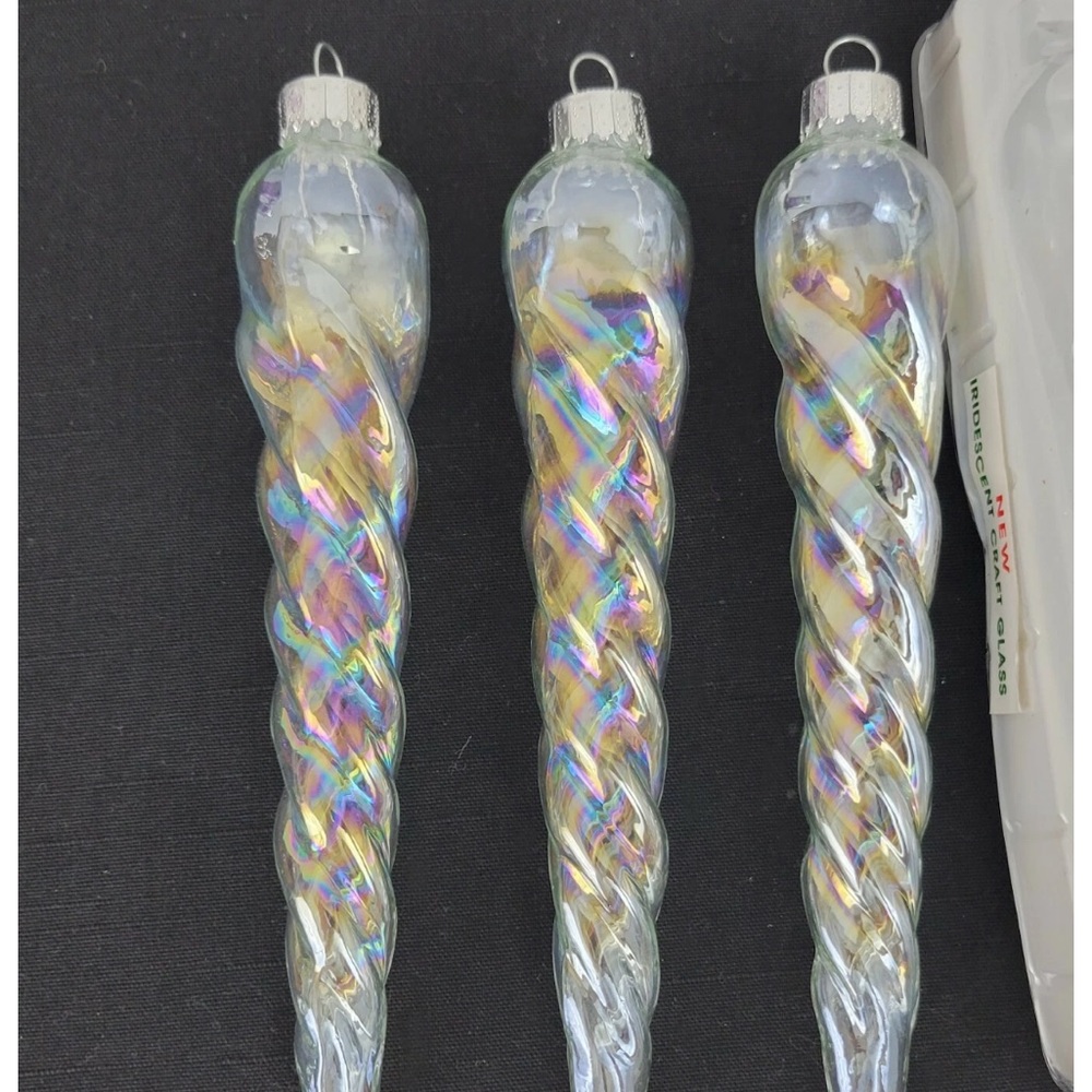 G & B Ornaments Christmas Set of 4 Iridescent Glass Icicle Clear White Sparkle